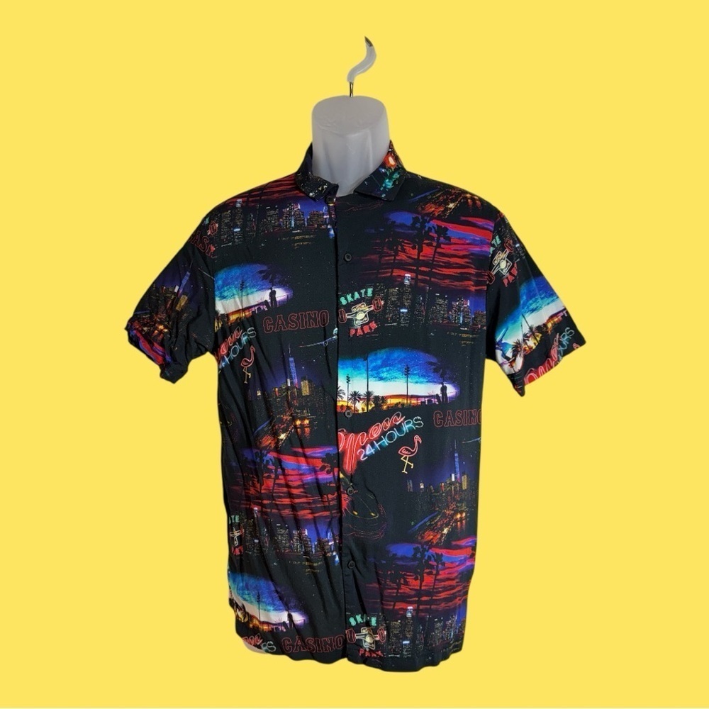 Cactus Man Ricky Singh Men's Las Vegas Print Short Sleeve Button Down Shirt S